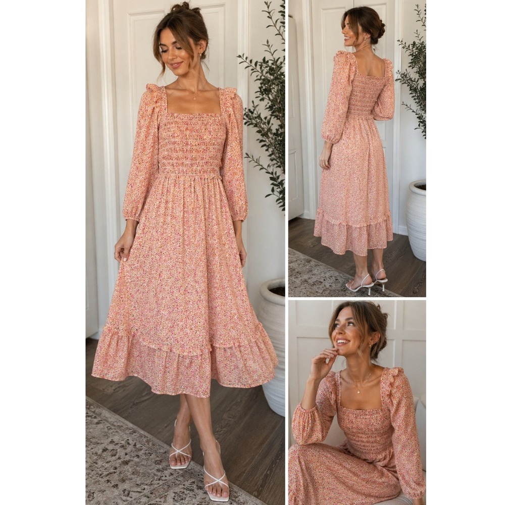 Silk Cotton Coquette Cottagecore Floral Midi Dress Smocked Bodice Puff Sleeve M